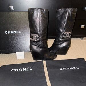Chanel Black Women's wedge heel high Boots 8 $1325 box dust bag cover